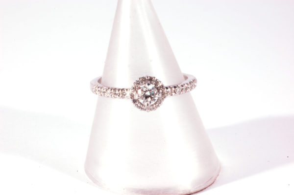 White gold Diamond set Halo ring with diamond set shoulders - Image 4