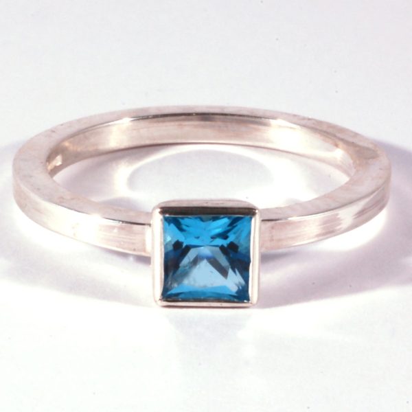 Square cut Silver blue topaz stacking ring