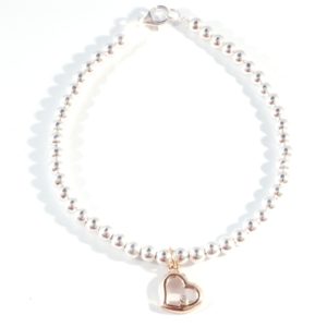 Silver Ball bracelet with 9ct gold diamond heart